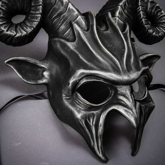 Krampus Ram Demon with Horns Devil Halloween Mask - Black Silver - Picture 5 of 8